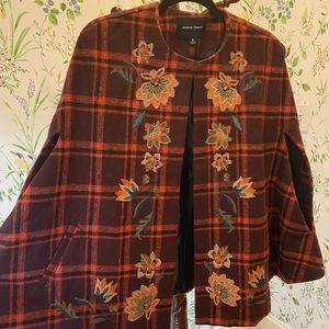 Embroidered Plaid Cape Jacket Floral Wool Blend Jealous Tomato Size S/M